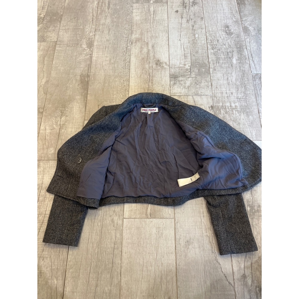 Free People Grey Herringbone Cropped Blazer Double Breasted Jacket XS - Picture 8 of 9